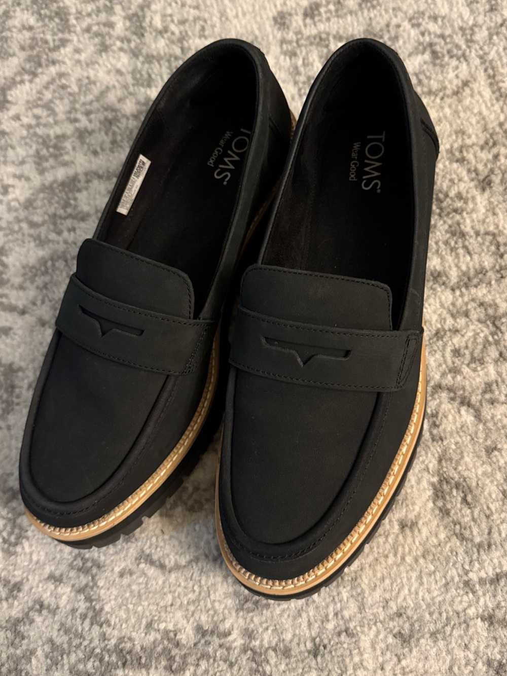 TOMS Cara Black Suede Penny Loafer Platform Lug Sole Shoes Women's Size 10 - Picture 2 of 7